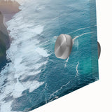 Close-up view of a vibrant acrylic landscape artwork showcasing dramatic cliffs and serene waters, highlighting intricate textures and colors for a stunning visual impact.