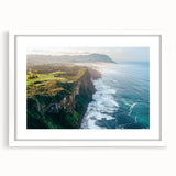 Framed print of a serene landscape featuring majestic cliffs, set in a white mat border. The artwork captures vibrant colors and intricate details, ideal for home decor enthusiasts.