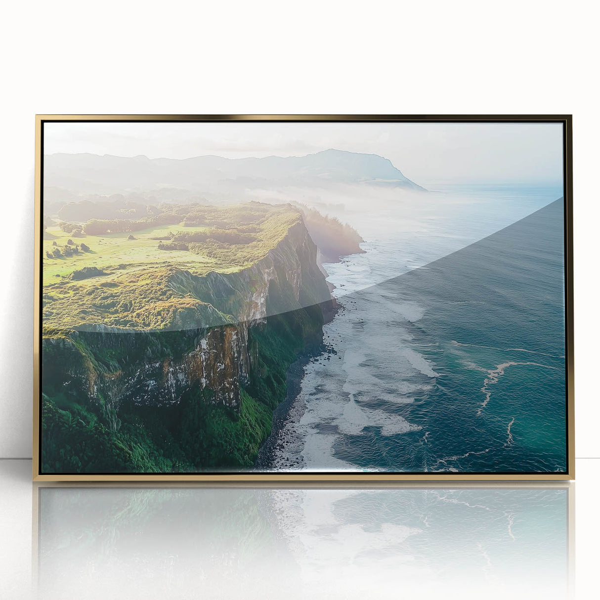 Framed acrylic artwork of a stunning cliff landscape, featuring vibrant colors and intricate details, set in a stylish gold frame, perfect for home decor.