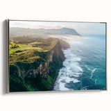 Framed canvas artwork titled "Design 70 Landscapes" showcasing dramatic cliffs in vibrant colors, elegantly displayed with a silver frame, ideal for home decor.
