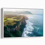 Framed canvas wall art depicting a serene cliff landscape with vibrant colors, set against a white background, showcasing modern decor ideal for living spaces.