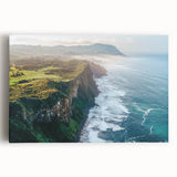 Vibrant stretched canvas artwork depicting dramatic cliffs and serene landscapes under a clear blue sky, perfect for enhancing home decor or office spaces.