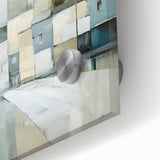 Abstract architectural wall art featuring geometric shapes and vibrant colors, printed on acrylic glass, highlighting intricate details and textures. Ideal for modern decor.