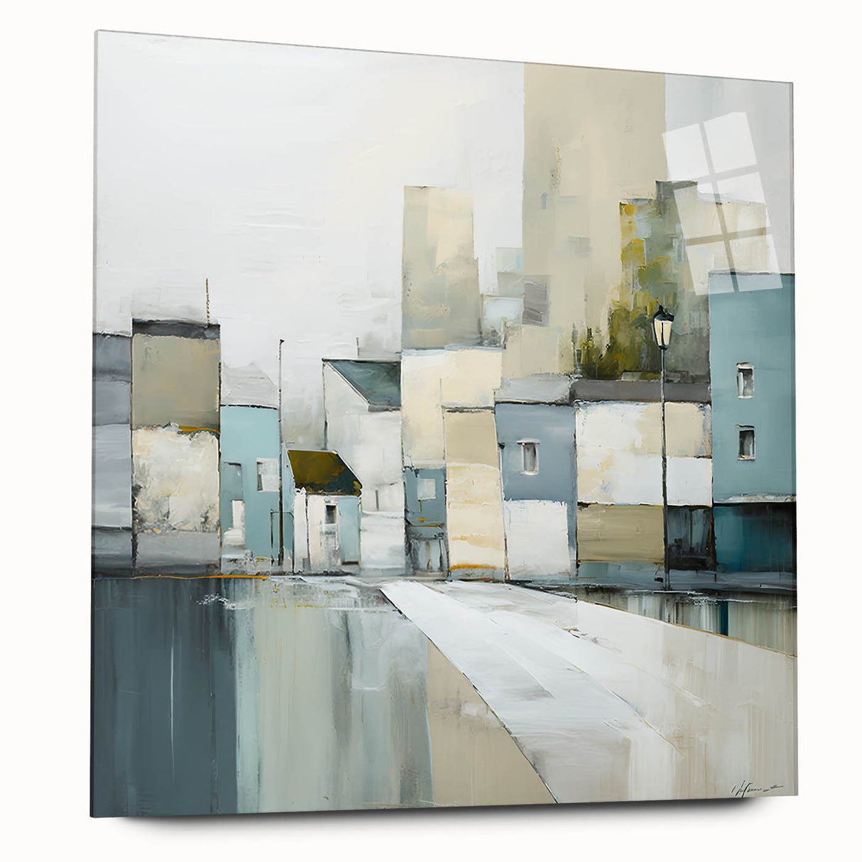 Abstract architecture wall art displayed in a sleek acrylic glass frame, showcasing vibrant geometric patterns and colors, perfect for modern home decor.
