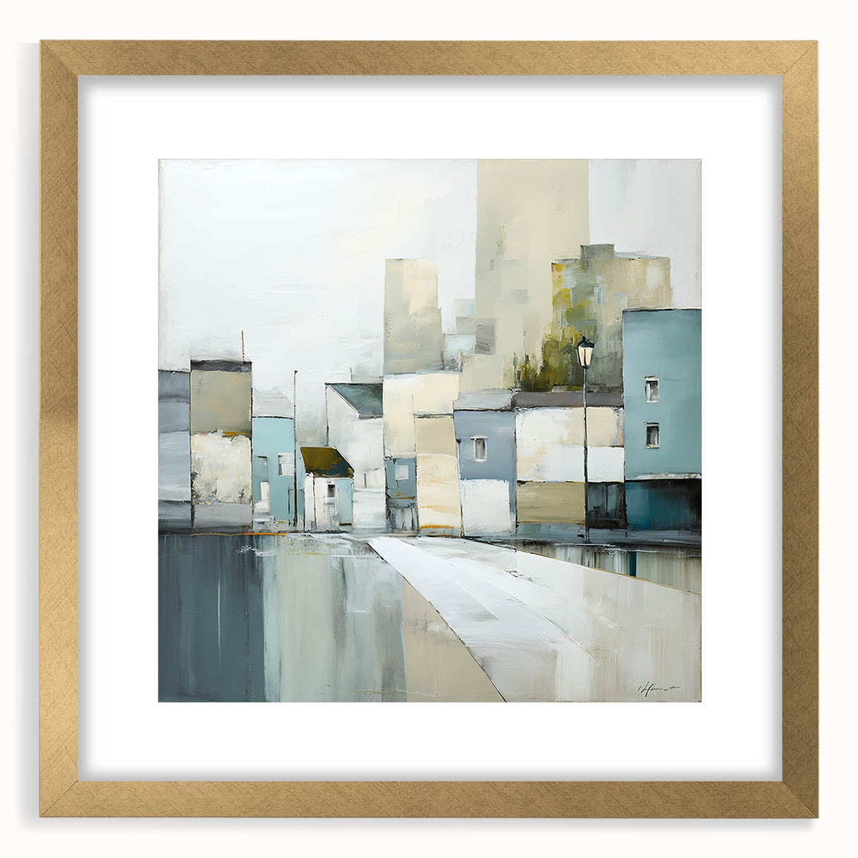 Abstract architecture wall art framed in gold with a mat, showcasing geometric shapes and a modern aesthetic, perfect for contemporary home decor.