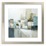 Abstract architecture wall art framed with a silver mat, showcasing geometric shapes and modern design elements, perfect for contemporary home decor.