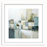 Abstract architectural wall art framed in a white mat, showcasing geometric shapes and lines in subtle gray and beige tones, perfect for modern decor.