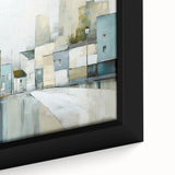 Close-up of a framed abstract architecture wall art piece showcasing geometric shapes in vibrant colors, perfect for modern home decor and artistic interiors.