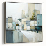 Framed abstract architecture wall art in silver, showcasing geometric shapes and lines, ideal for modern home decor, adding a sophisticated touch to interiors.