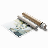 Abstract architectural wall art print showcasing geometric shapes and vibrant colors, rolled and ready for display, highlighting modern design aesthetics.