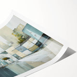 Abstract architecture wall art print featuring geometric shapes in vibrant colors, rolled and ready for framing, showcasing modern design aesthetics.