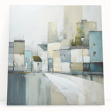 Abstract wall art depicting modern architectural design in vibrant colors, stretched on canvas and leaning against a wall, perfect for contemporary decor.