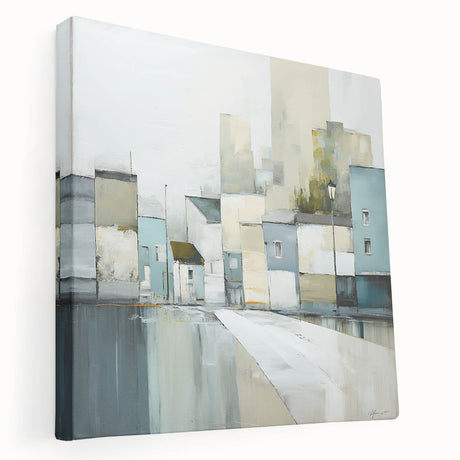 Abstract architectural wall art on stretched canvas showcasing geometric shapes in vibrant colors, viewed from the side, perfect for modern home decor accents.