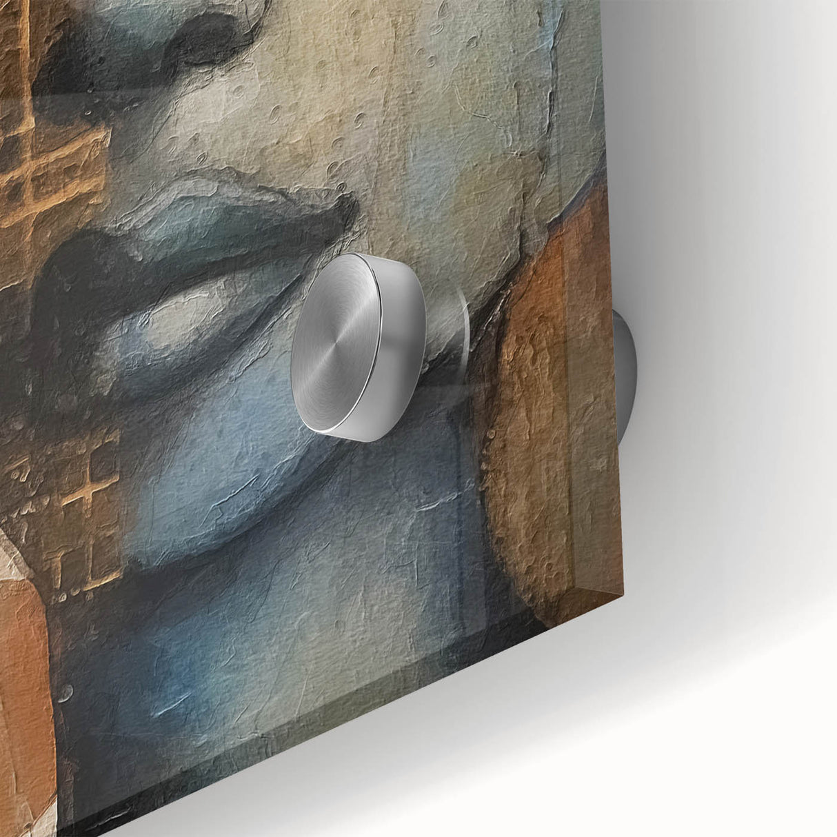 Close-up of abstract figurative wall art on acrylic glass, showcasing vibrant colors and intricate designs, ideal for modern home decor or art collectors.