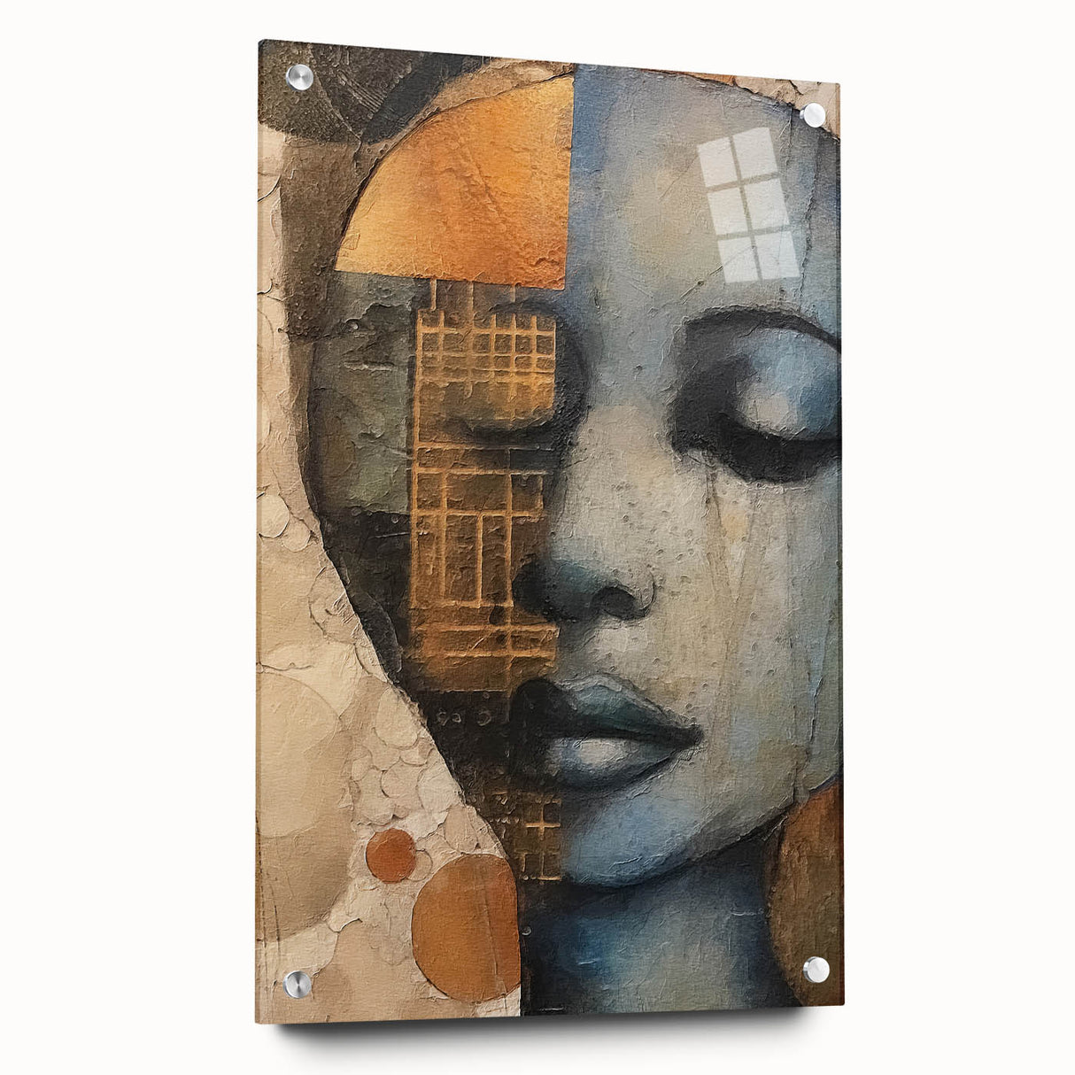 Abstract figurative wall art displayed in a sleek acrylic glass frame, showcasing vibrant colors and dynamic shapes, ideal for modern decor. Pins secure the art, enhancing its contemporary appeal.
