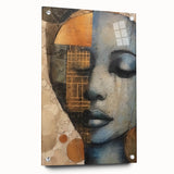 Abstract figurative wall art displayed in a sleek acrylic glass frame, showcasing vibrant colors and dynamic shapes, ideal for modern decor. Pins secure the art, enhancing its contemporary appeal.