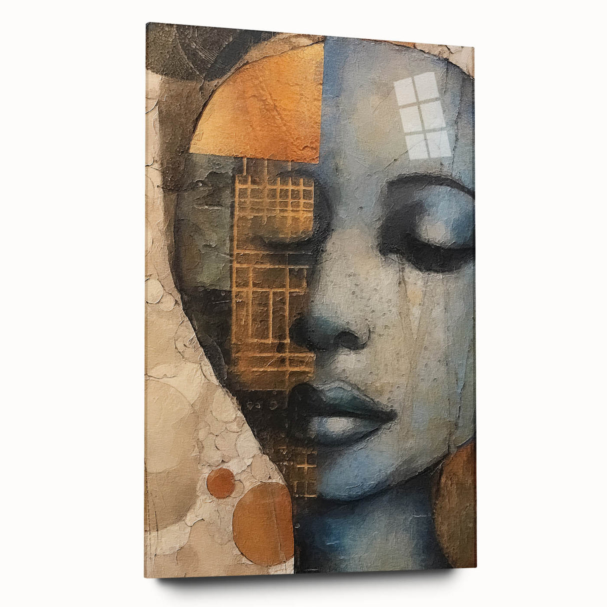Abstract figurative wall art displayed in a side view, showcasing vibrant colors and dynamic shapes. The acrylic glass finish adds depth, perfect for modern decor.
