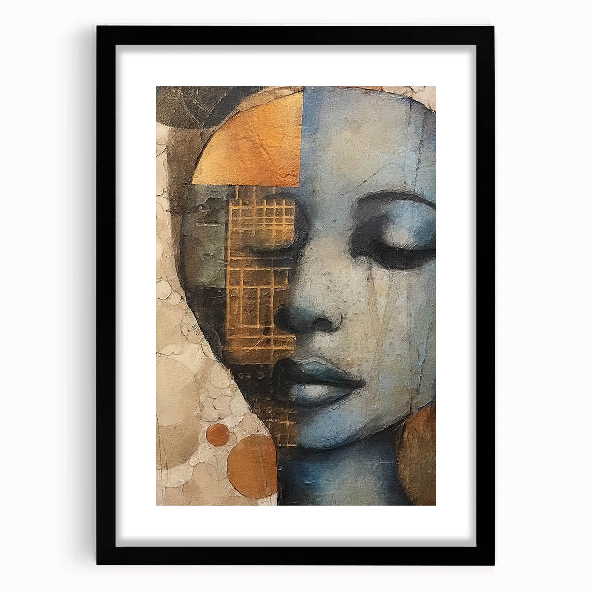 Abstract figurative wall art framed with a black mat, showcasing vibrant colors and dynamic shapes, perfect for modern home decor or art enthusiasts.