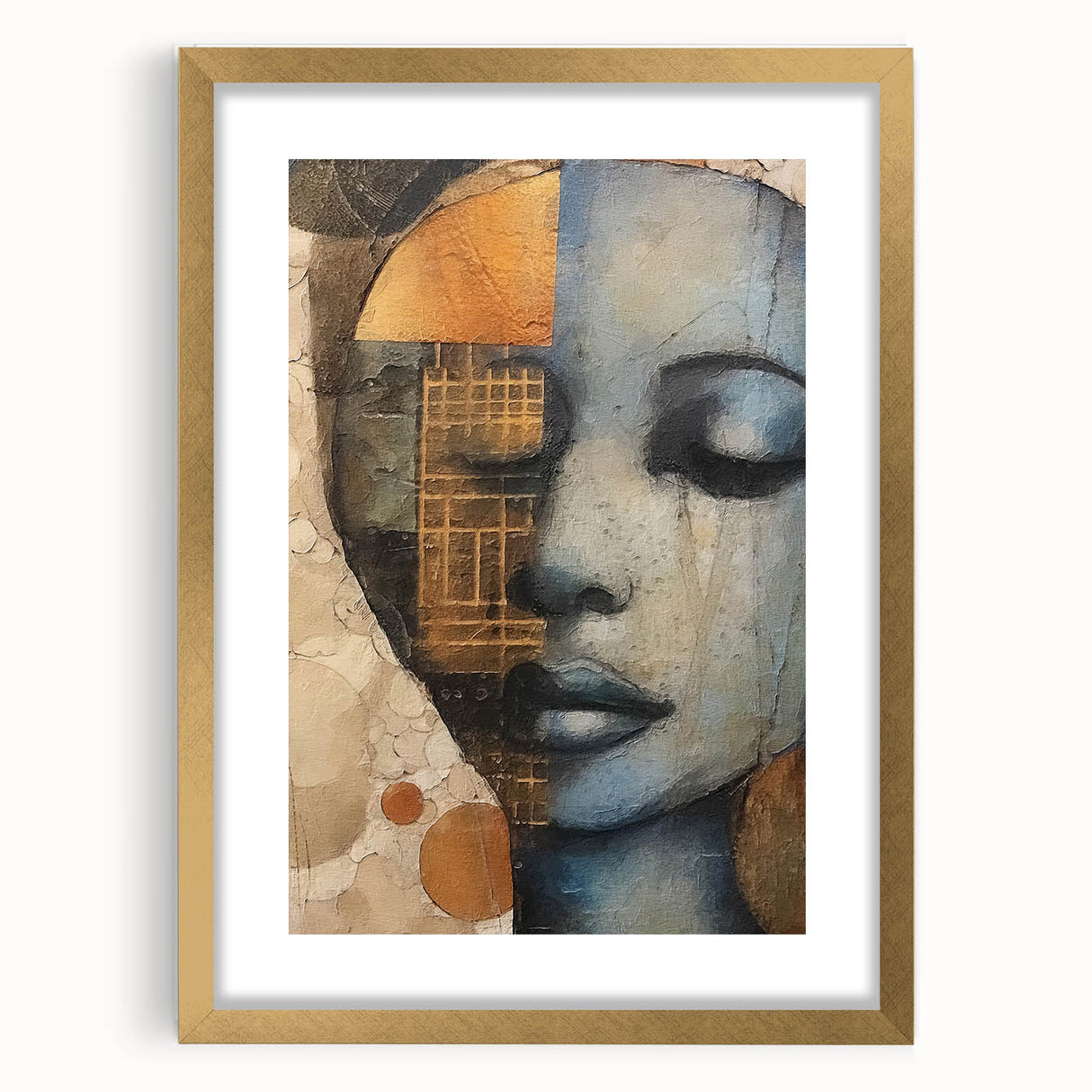 Abstract figurative wall art framed in gold with a mat, showcasing vibrant colors and intricate designs, perfect for enhancing modern decor in living spaces.