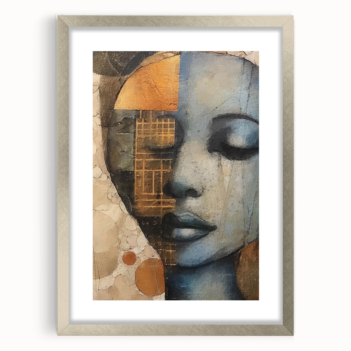 Abstract figurative wall art framed in silver with a mat, showcasing vibrant colors and dynamic shapes, perfect for modern home decor and artistic expression.