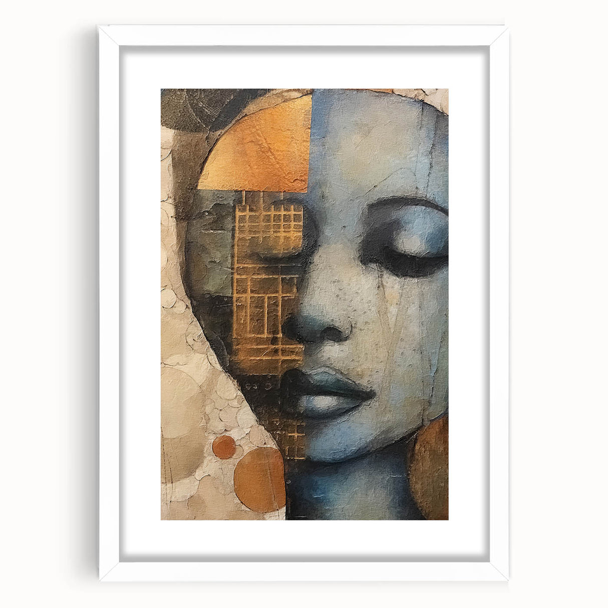 Abstract figurative wall art framed with a white mat, showcasing vibrant colors and dynamic shapes, perfect for modern home decor. Ideal for enhancing interior aesthetics and creating a captivating focal point in any room.