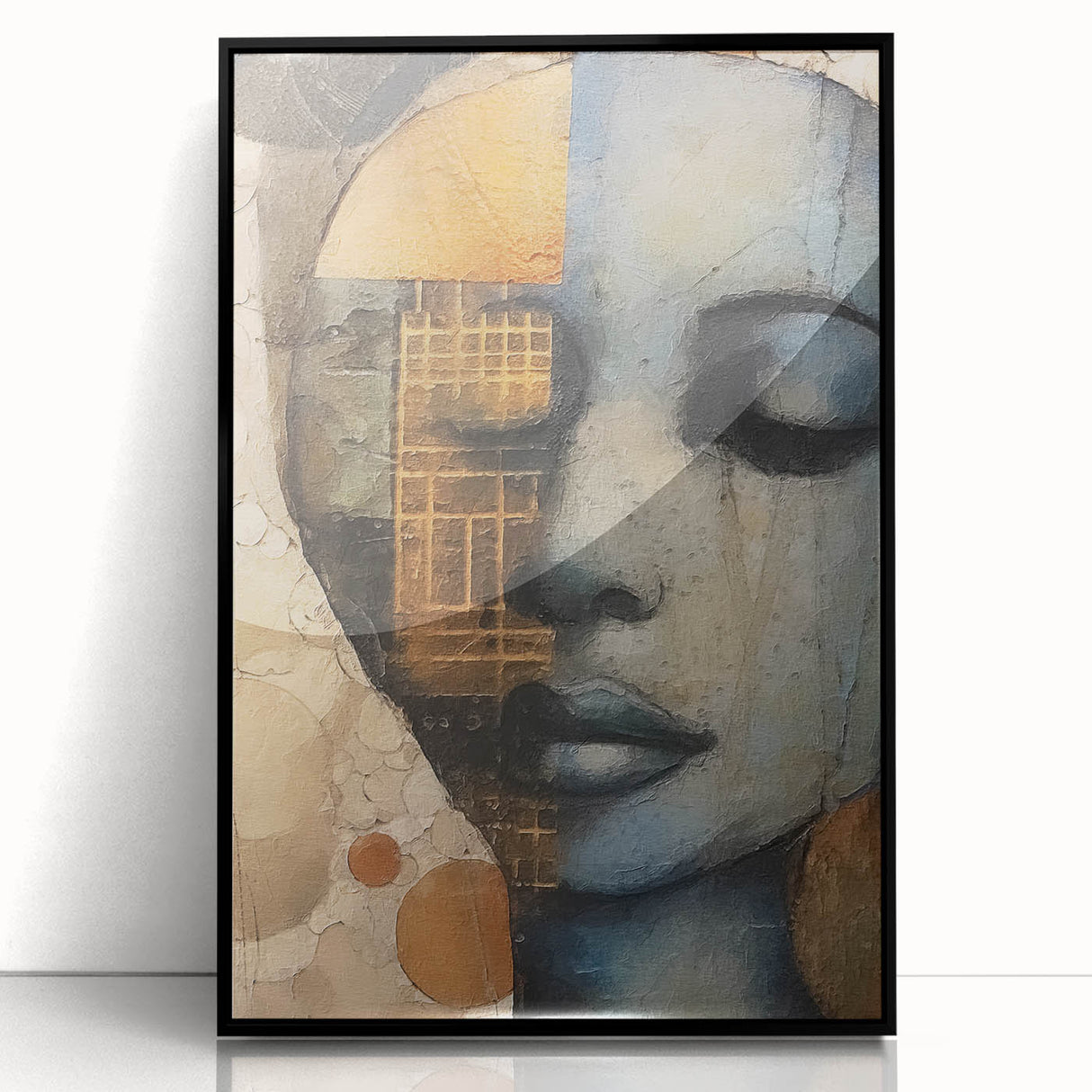 Framed abstract figurative wall art in black acrylic, showcasing a modern design with bold lines and dynamic shapes, perfect for contemporary decor.