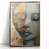 Framed abstract figurative wall art featuring a gold-accented design, perfect for modern decor, displayed against a white background to highlight its elegance.