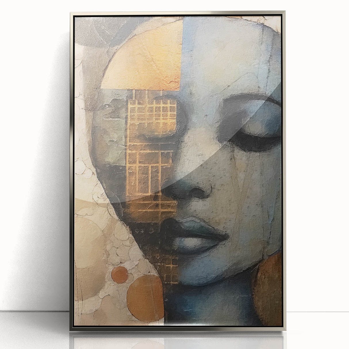 Abstract figurative wall art in a sleek silver frame, showcasing vibrant colors and bold shapes, perfect for modern home decor and art enthusiasts.