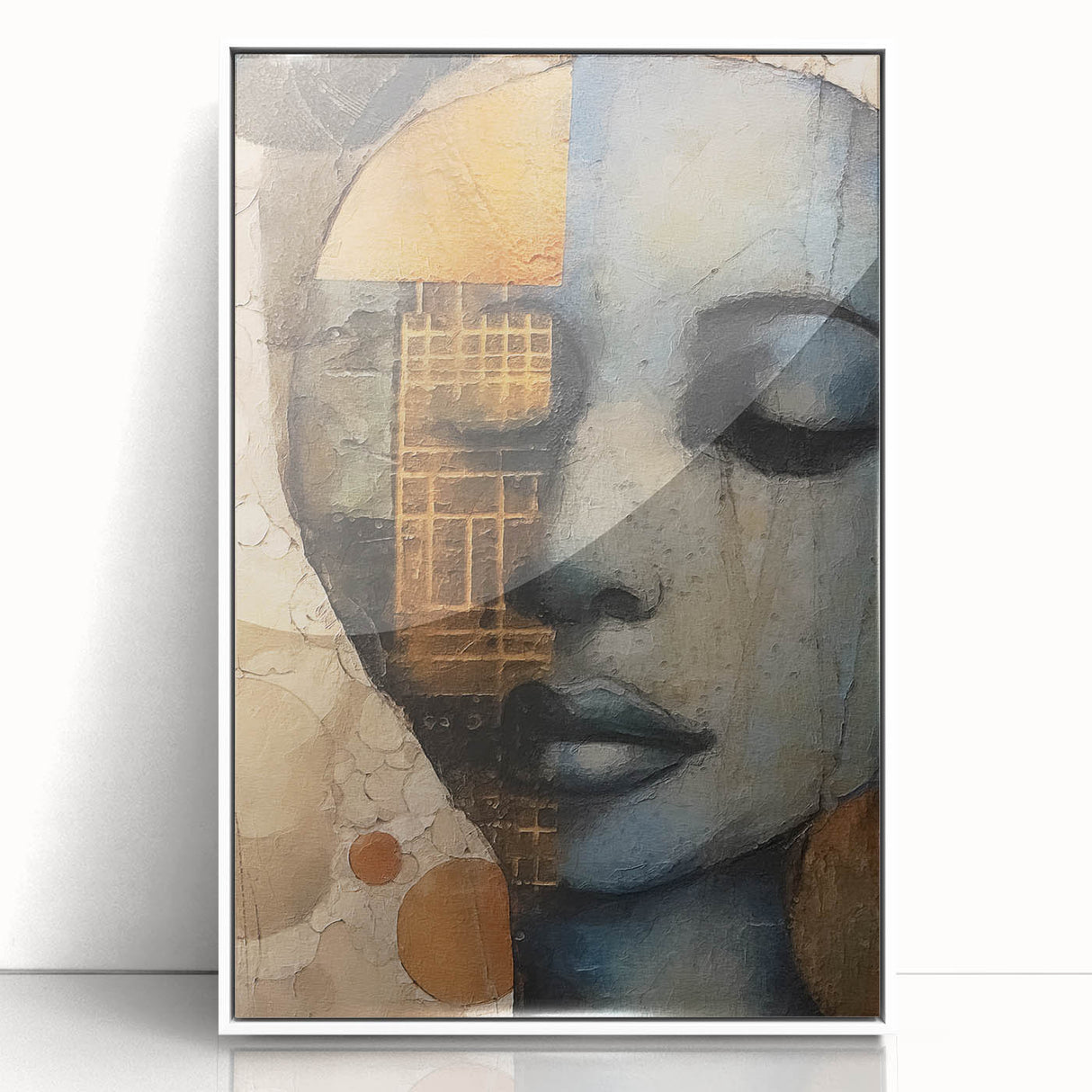 Framed abstract figurative wall art in white acrylic, showcasing vibrant colors and dynamic shapes, perfect for modern home decor and artistic expression.