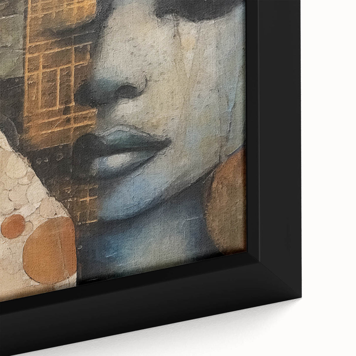 Abstract figurative wall art print featuring vibrant colors and dynamic shapes, elegantly framed and showcasing intricate details on a textured canvas surface.