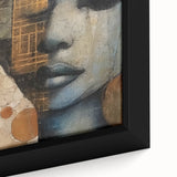 Abstract figurative wall art print featuring vibrant colors and dynamic shapes, elegantly framed and showcasing intricate details on a textured canvas surface.