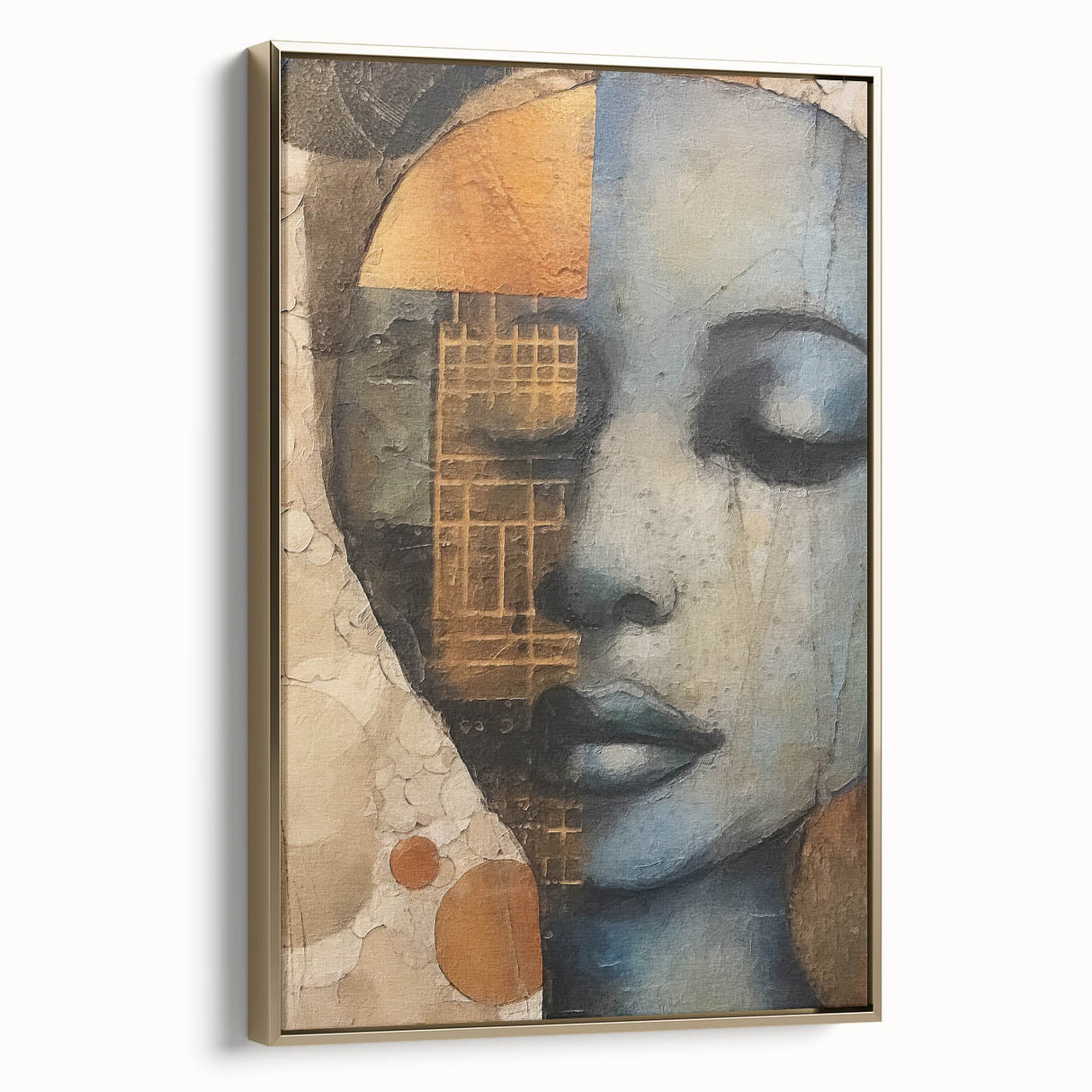 Framed abstract figurative wall art with gold accents, showcasing a modern design in a side view. Perfect for contemporary home decor, adding elegance and style.