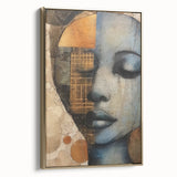 Framed abstract figurative wall art with gold accents, showcasing a modern design in a side view. Perfect for contemporary home decor, adding elegance and style.