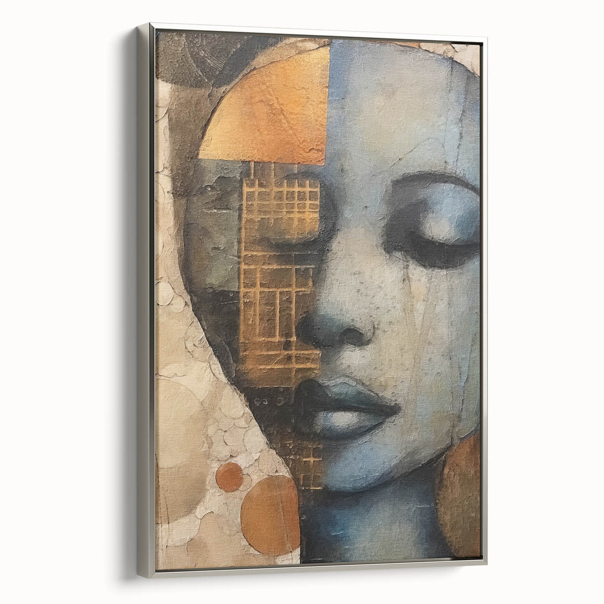 Framed abstract figurative wall art in silver frame, showcasing vibrant colors and dynamic shapes, ideal for modern decor. Perfect for enhancing living spaces.