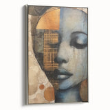 Framed abstract figurative wall art in silver frame, showcasing vibrant colors and dynamic shapes, ideal for modern decor. Perfect for enhancing living spaces.