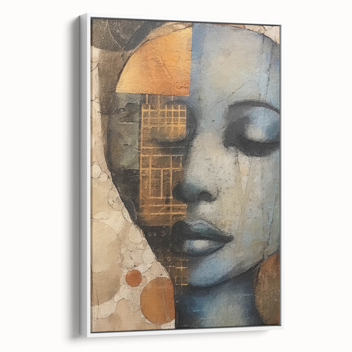 Abstract figurative wall art framed in white, showcasing vibrant colors and dynamic shapes, perfect for modern home decor or gallery settings.