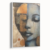 Abstract figurative wall art framed in white, showcasing vibrant colors and dynamic shapes, perfect for modern home decor or gallery settings.
