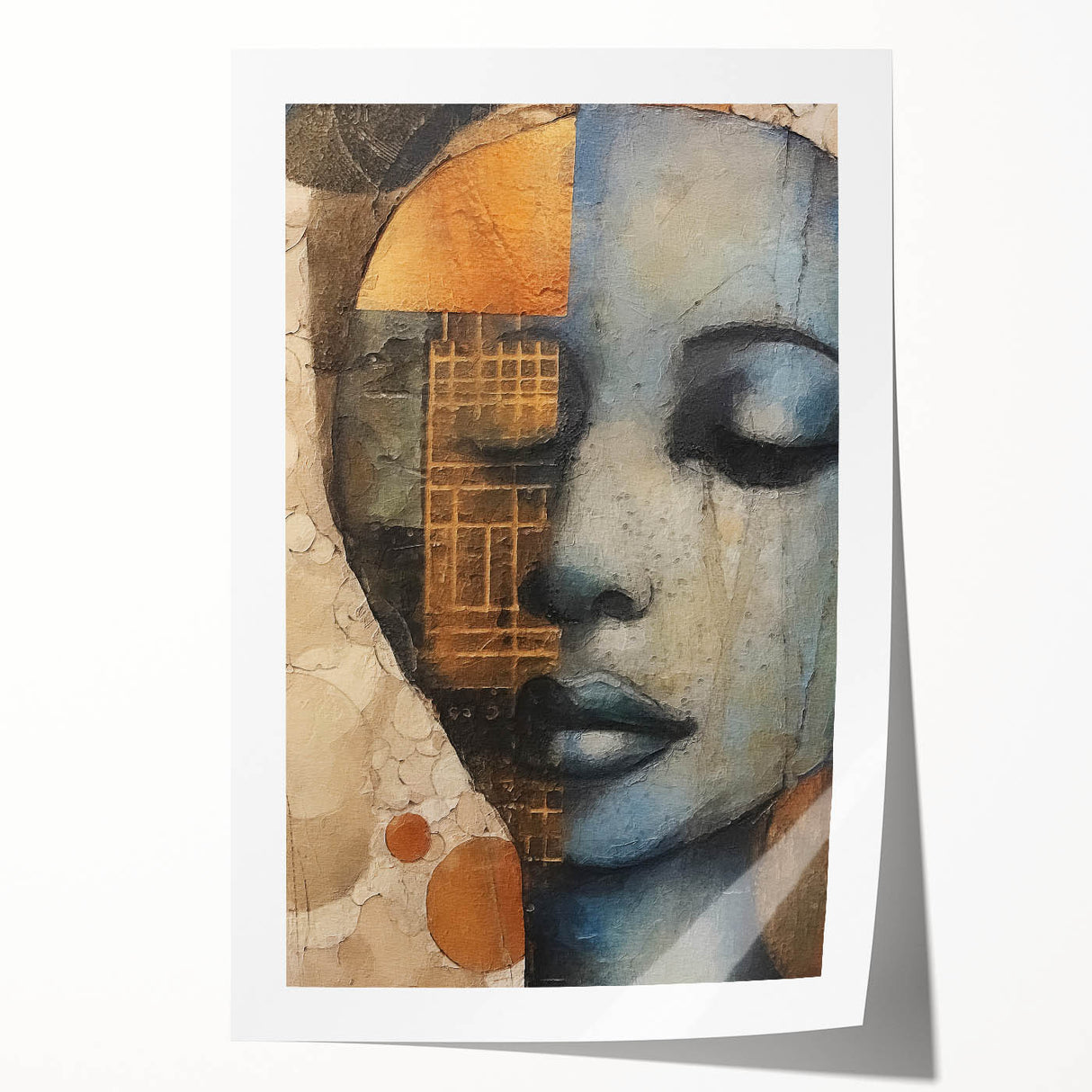 Abstract figurative wall art print showcasing vibrant colors and dynamic shapes, rolled for easy shipping, ideal for modern home decor or office spaces.