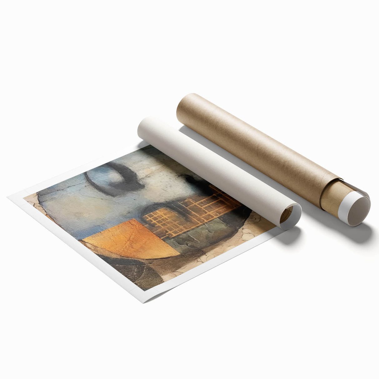 Abstract figurative wall art print showcasing vibrant colors and dynamic shapes, rolled and ready for display in a durable cardboard tube for protection.