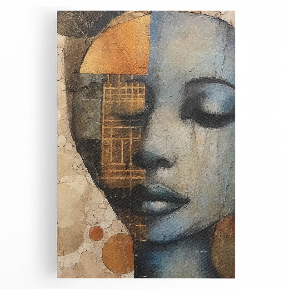 Abstract figurative wall art on stretched canvas, showcasing vibrant colors and dynamic shapes, perfect for modern home decor or artistic spaces.