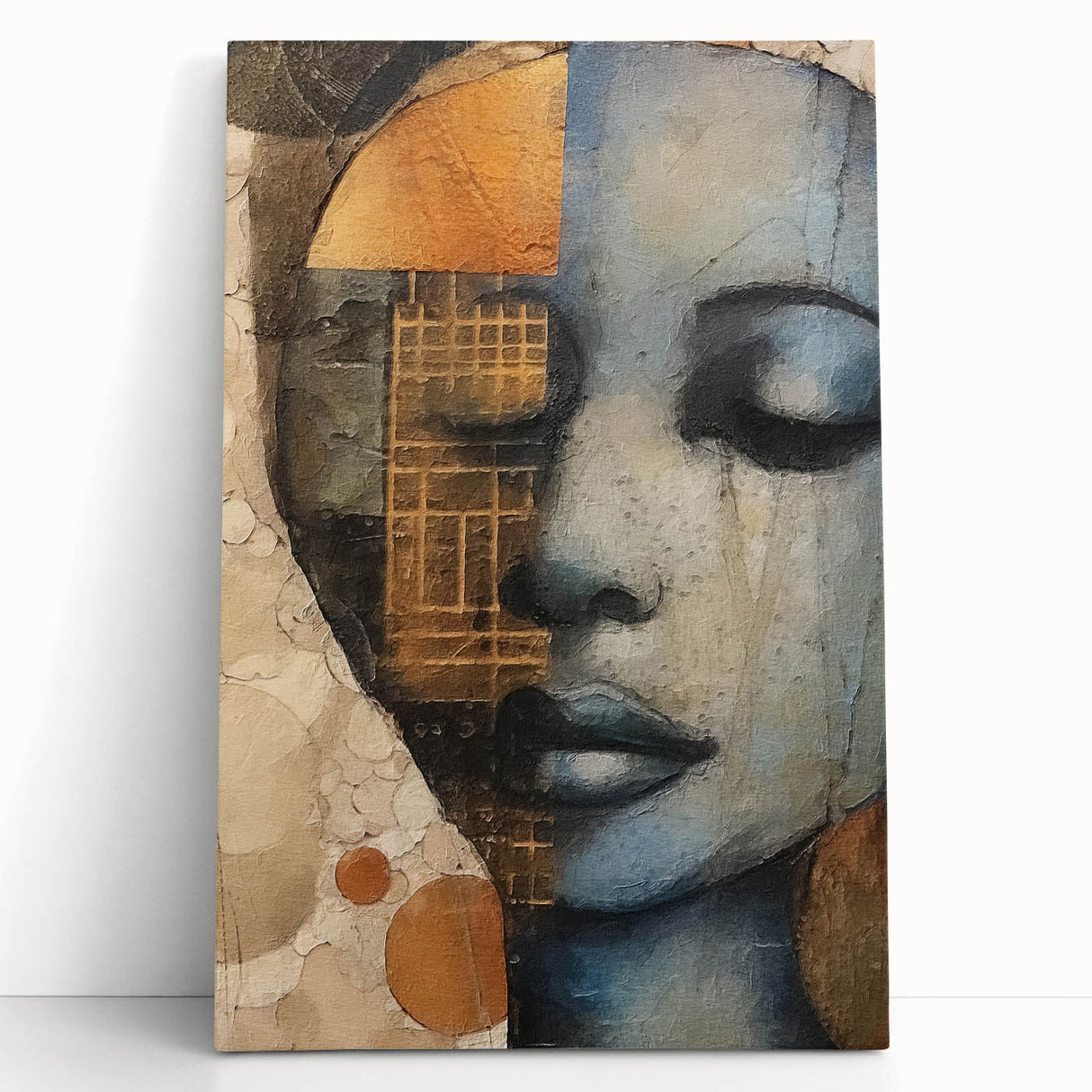 Abstract figurative wall art on stretched canvas, showcasing vibrant colors and dynamic shapes, leaning against a neutral-toned wall, perfect for modern decor.
