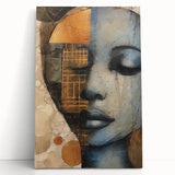 Abstract figurative wall art on stretched canvas, showcasing vibrant colors and dynamic shapes, leaning against a neutral-toned wall, perfect for modern decor.