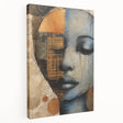 Abstract figurative wall art on stretched canvas showcasing vibrant colors and dynamic shapes, displayed in a side view to highlight its depth and texture.