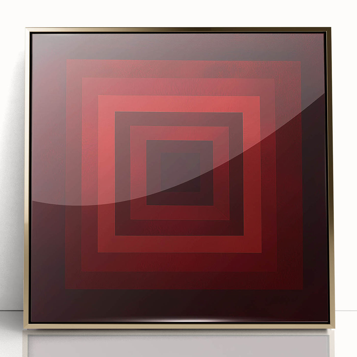 Framed acrylic artwork featuring a modern abstract geometric design in gold tones, showcasing intricate shapes and patterns, ideal for contemporary decor.