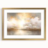 Abstract landscape wall art framed in gold with a white mat, showcasing soft pastel hues of blue, pink, and green, perfect for modern home decor.