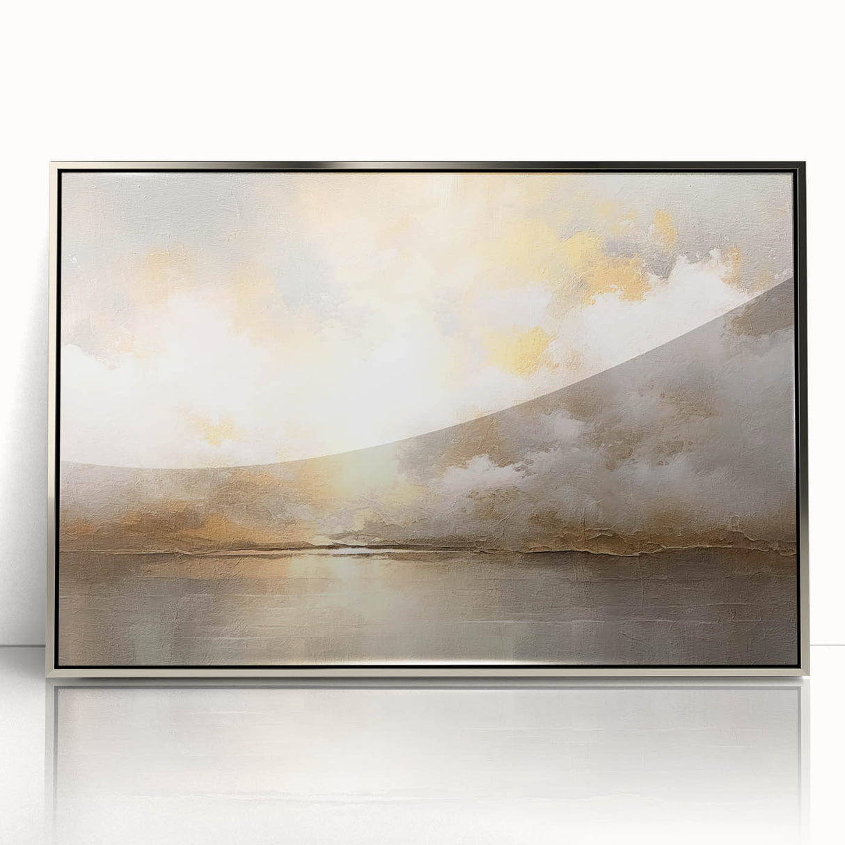 Framed abstract landscape wall art showcasing a serene silver-toned design with flowing lines and textures, perfect for modern home decor. The acrylic finish adds a sleek touch, enhancing any living space with its calming aesthetic.