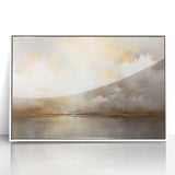 Framed abstract landscape wall art featuring soft white and blue hues, designed to enhance modern home decor with a sleek acrylic finish. Perfect for living rooms and contemporary spaces.