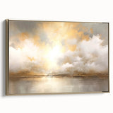 Framed abstract landscape wall art featuring golden tones, elegantly displayed from the side, emphasizing its modern design and textured canvas surface.