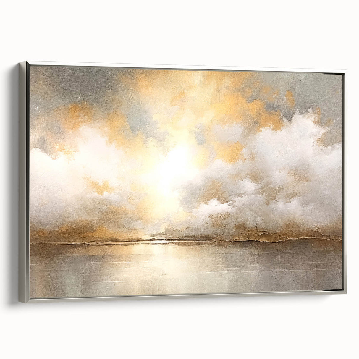 Framed canvas wall art showcasing an abstract landscape design with silver accents, viewed from the side, ideal for modern home decor.