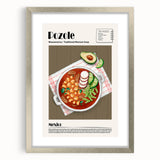 Textured art print featuring abstract representations of food dishes in muted earth tones, framed in silver.
